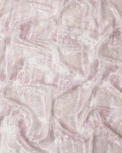 White Pink Abstract Pure Silk Chiffon Fabric, 110 Cms Width, South Korea, with Metallic Lurex-D25239