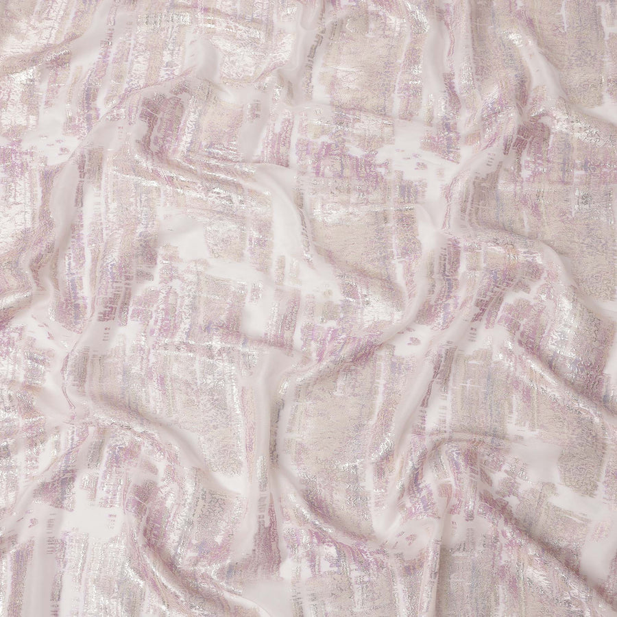 White Pink Abstract Pure Silk Chiffon Fabric, 110 Cms Width, South Korea, with Metallic Lurex-D25239