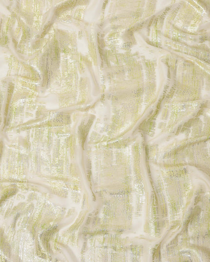 Cream Green Abstract Pure Silk Chiffon Fabric, 110 Cms Width, South Korea, with Metallic Lurex-D25238