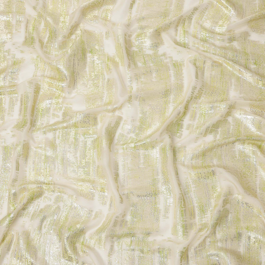 Cream Green Abstract Pure Silk Chiffon Fabric, 110 Cms Width, South Korea, with Metallic Lurex-D25238