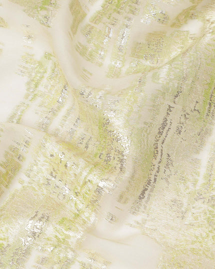 Cream Green Abstract Pure Silk Chiffon Fabric, 110 Cms Width, South Korea, with Metallic Lurex-D25238