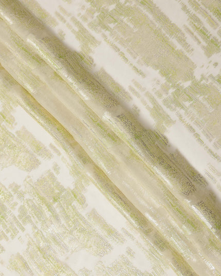 Cream Green Abstract Pure Silk Chiffon Fabric, 110 Cms Width, South Korea, with Metallic Lurex-D25238
