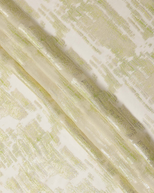 Cream Green Abstract Pure Silk Chiffon Fabric, 110 Cms Width, South Korea, with Metallic Lurex-D25238