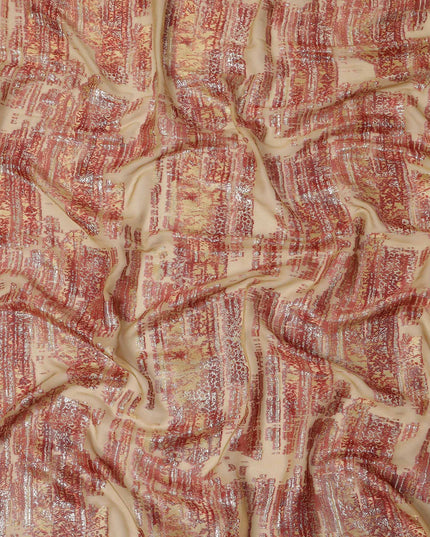 Beige Red Abstract Pure Silk Chiffon Fabric with Metallic Lurex, 110 Cms Width, South Korea-D25240