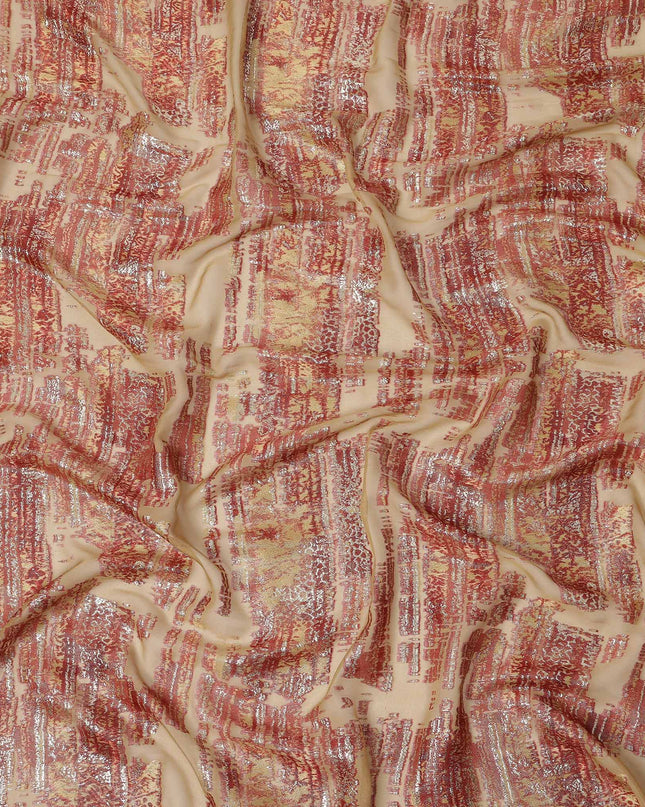 Beige Red Abstract Pure Silk Chiffon Fabric with Metallic Lurex, 110 Cms Width, South Korea-D25240
