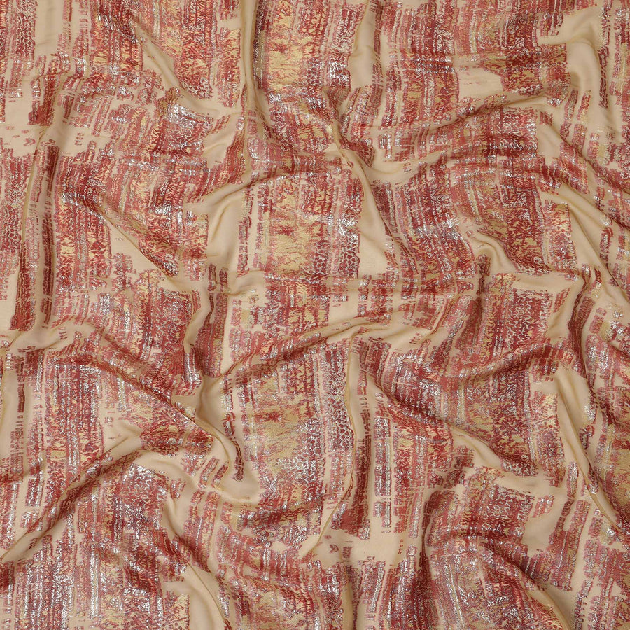 Beige Red Abstract Pure Silk Chiffon Fabric with Metallic Lurex, 110 Cms Width, South Korea-D25240