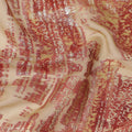 Beige Red Abstract Pure Silk Chiffon Fabric with Metallic Lurex, 110 Cms Width, South Korea-D25240