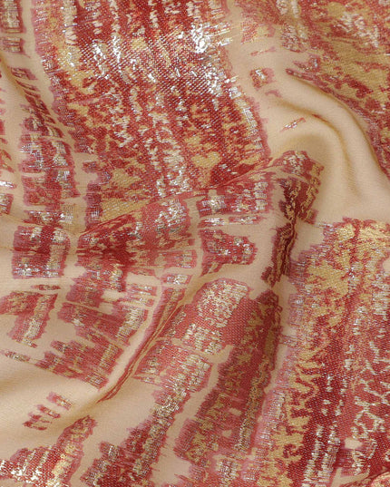 Beige Red Abstract Pure Silk Chiffon Fabric with Metallic Lurex, 110 Cms Width, South Korea-D25240