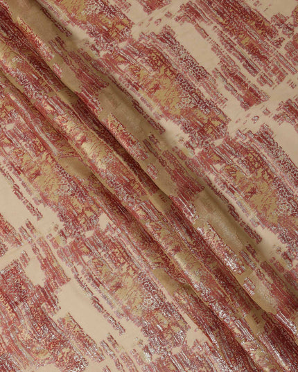 Beige Red Abstract Pure Silk Chiffon Fabric with Metallic Lurex, 110 Cms Width, South Korea-D25240