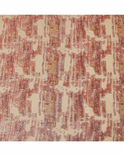 Beige Red Abstract Pure Silk Chiffon Fabric with Metallic Lurex, 110 Cms Width, South Korea-D25240