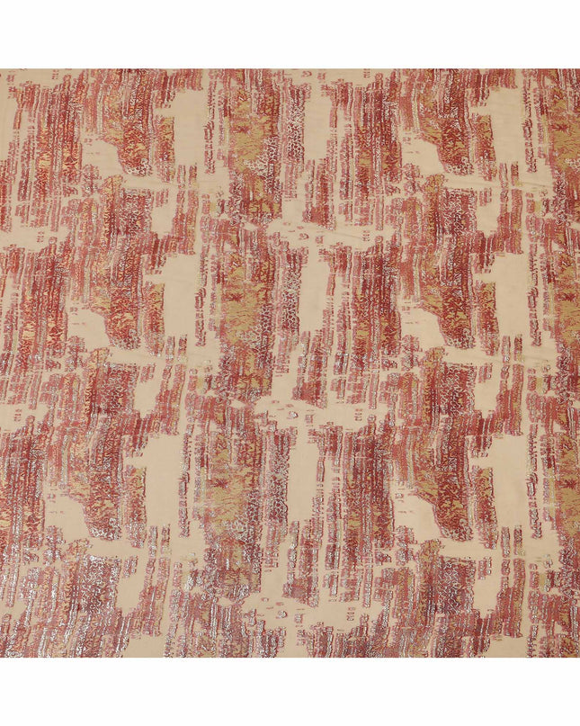 Beige Red Abstract Pure Silk Chiffon Fabric with Metallic Lurex, 110 Cms Width, South Korea-D25240
