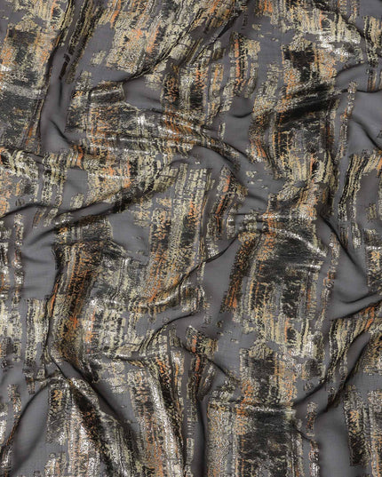 Black Abstract Metallic Lurex Pure Silk Chiffon Fabric, 110 Cms Width, South Kore-D25236