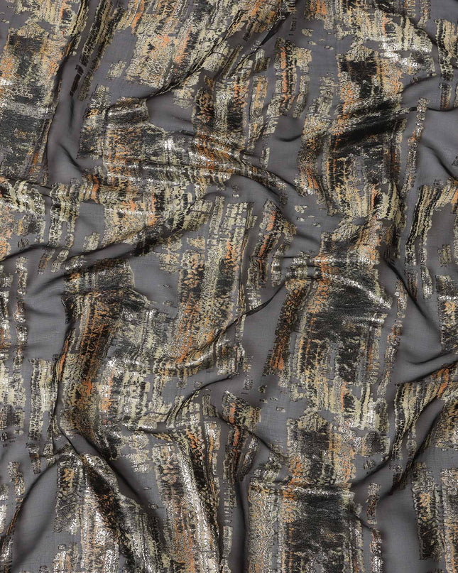Black Abstract Metallic Lurex Pure Silk Chiffon Fabric, 110 Cms Width, South Kore-D25236