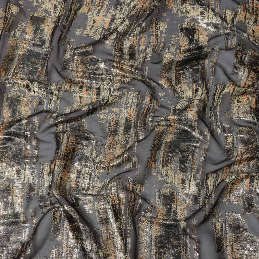 Black Abstract Metallic Lurex Pure Silk Chiffon Fabric, 110 Cms Width, South Kore-D25236