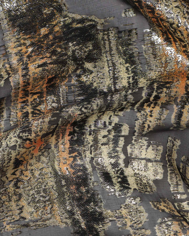 Black Abstract Metallic Lurex Pure Silk Chiffon Fabric, 110 Cms Width, South Kore-D25236