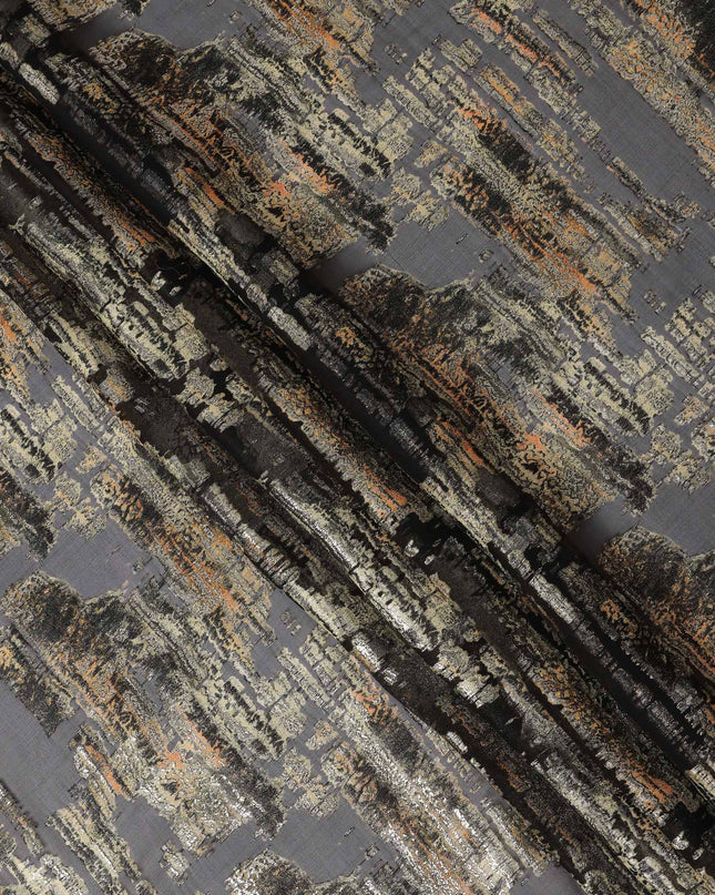 Black Abstract Metallic Lurex Pure Silk Chiffon Fabric, 110 Cms Width, South Kore-D25236