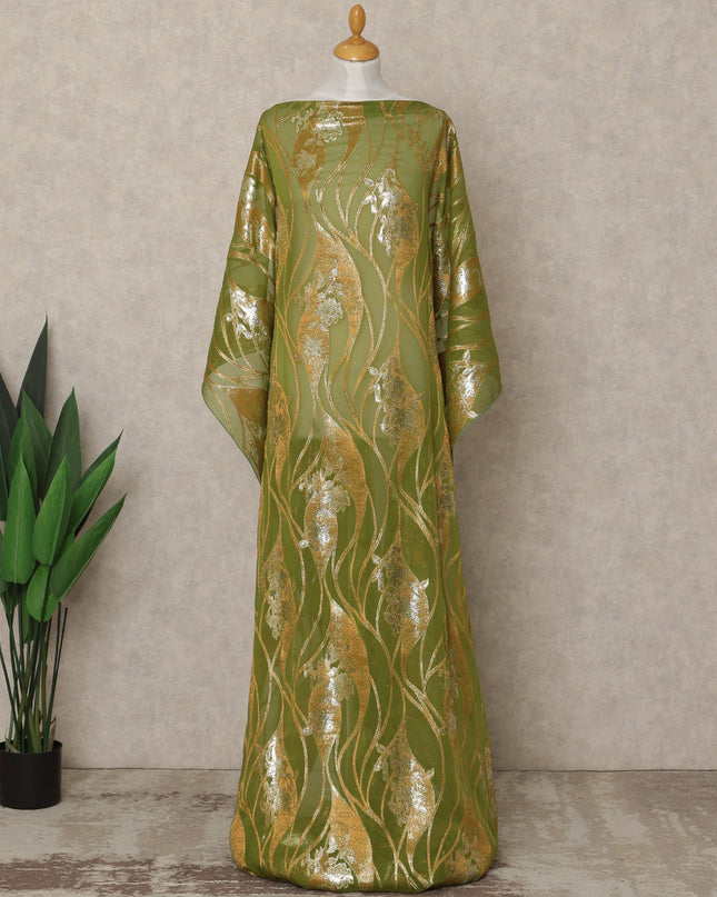 Green Traditional Somali Silk Chiffon Dirac Fabric with Metallic Lurex, 3.5 Mtrs Piece, Width 140 Cms, Made in South Korea-D26494
