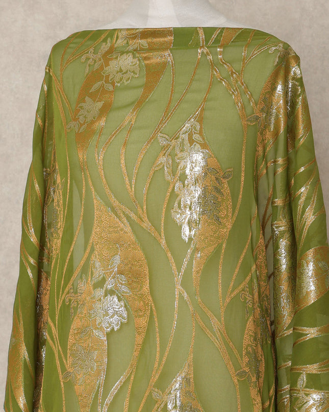 Green Traditional Somali Silk Chiffon Dirac Fabric with Metallic Lurex, 3.5 Mtrs Piece, Width 140 Cms, Made in South Korea-D26494