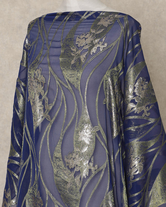 Navy Blue Traditional Somali Silk Chiffon Dirac Fabric with Metallic Lurex, 3.5 Mtrs Piece, Width 140 Cms, Made in South Korea-D26495 Regal Fabrics