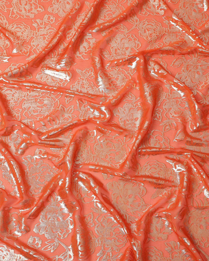 Orange Gold Metallic Floral Design Premium Silk Chiffon Fabric, 110 Cms Width, Made in South Korea-D25970