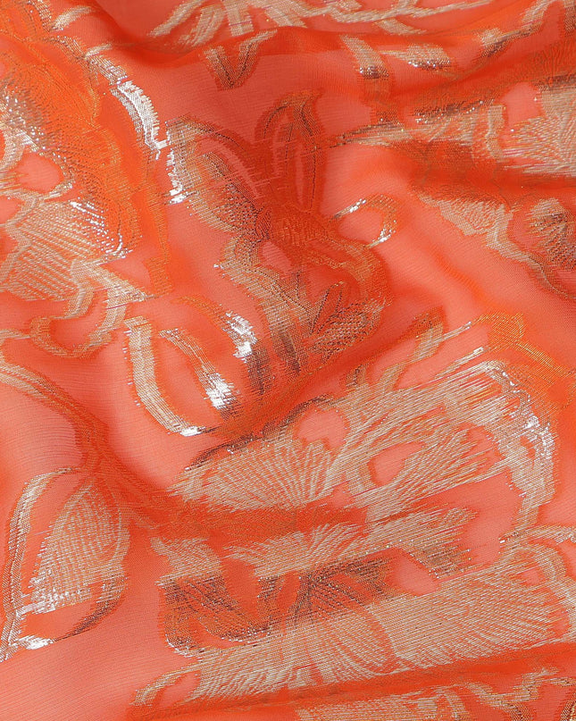 Orange Gold Metallic Floral Design Premium Silk Chiffon Fabric, 110 Cms Width, Made in South Korea-D25970