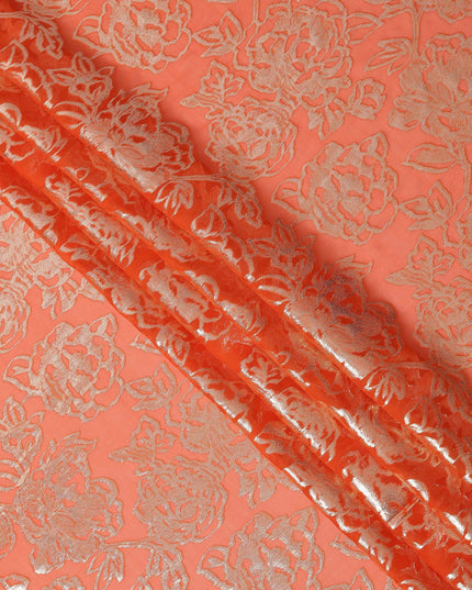 Orange Gold Metallic Floral Design Premium Silk Chiffon Fabric, 110 Cms Width, Made in South Korea-D25970