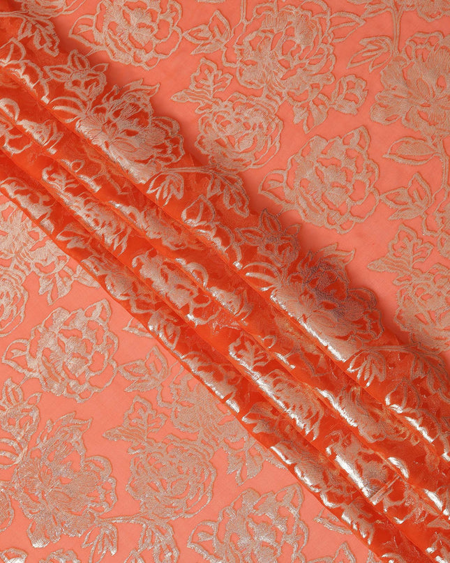 Orange Gold Metallic Floral Design Premium Silk Chiffon Fabric, 110 Cms Width, Made in South Korea-D25970