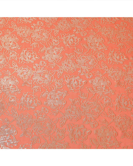 Orange Gold Metallic Floral Design Premium Silk Chiffon Fabric, 110 Cms Width, Made in South Korea-D25970