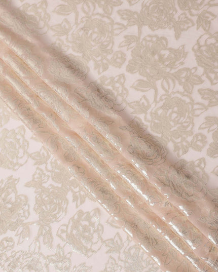 Light Pink Silver Metallic Floral Design Premium Silk Chiffon Fabric, 110 Cms Width, Made in South Korea-D25968