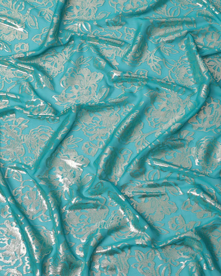 Turquoise Silver Metallic Floral Design Premium Silk Chiffon Fabric, 110 Cms Width, Made in South Korea-D25967