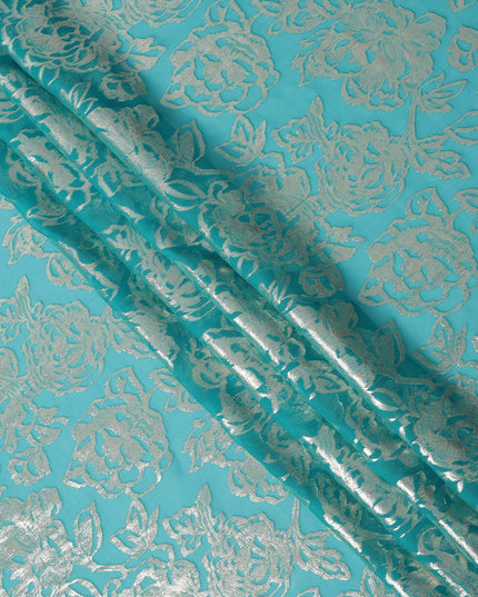 Turquoise Silver Metallic Floral Design Premium Silk Chiffon Fabric, 110 Cms Width, Made in South Korea-D25967
