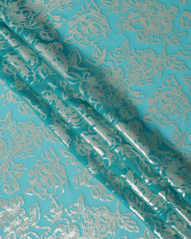 Turquoise Silver Metallic Floral Design Premium Silk Chiffon Fabric, 110 Cms Width, Made in South Korea-D25967