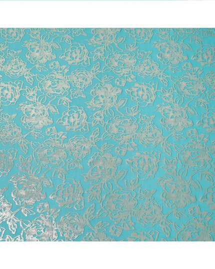 Turquoise Silver Metallic Floral Design Premium Silk Chiffon Fabric, 110 Cms Width, Made in South Korea-D25967