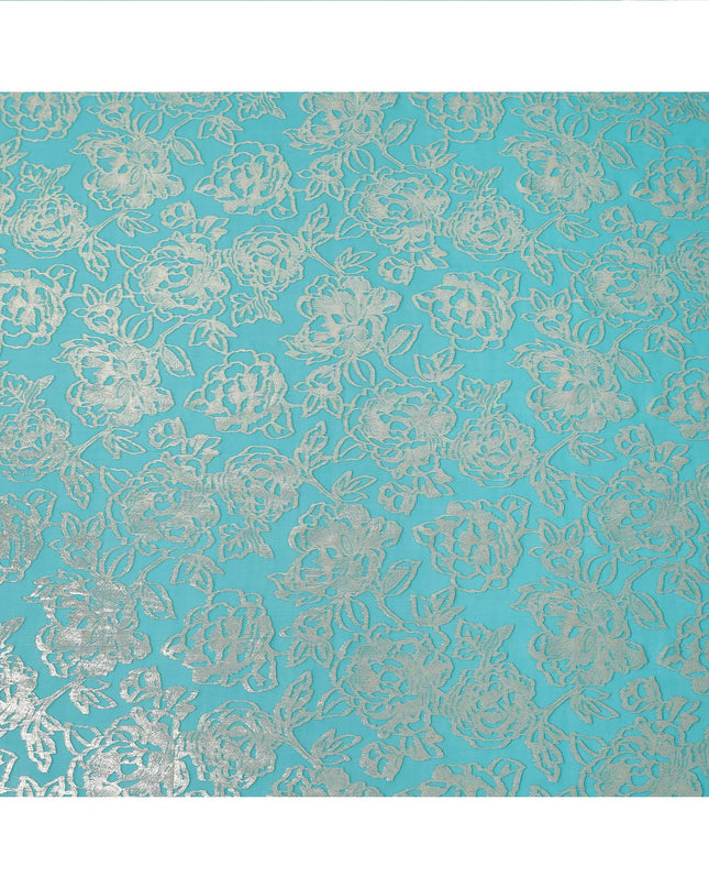 Turquoise Silver Metallic Floral Design Premium Silk Chiffon Fabric, 110 Cms Width, Made in South Korea-D25967