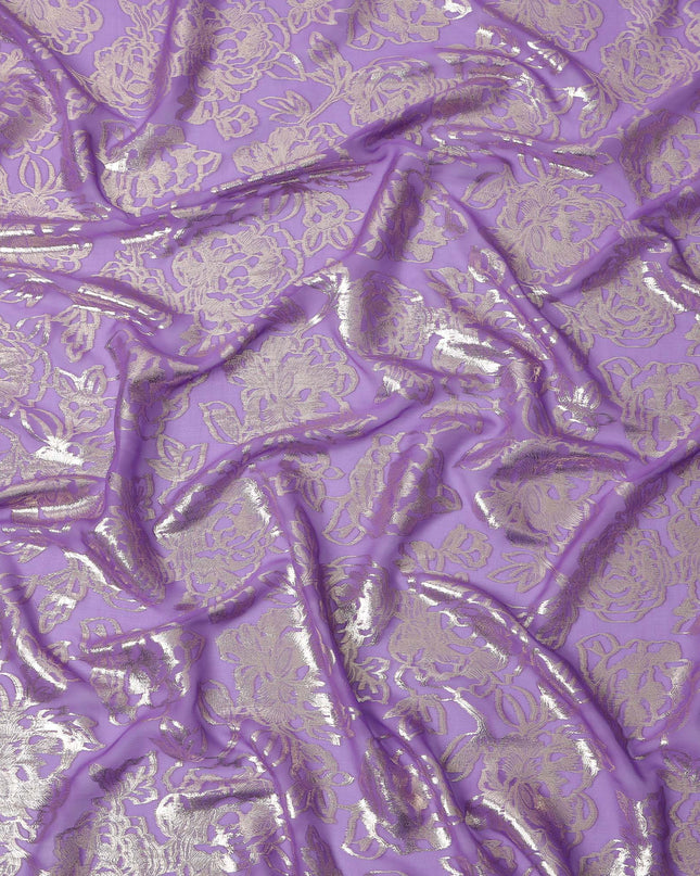 Lavender Gold Metallic Floral Design Premium Silk Chiffon Fabric, 110 Cms Width, Made in South Korea-D25966