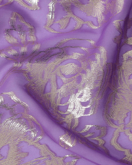 Lavender Gold Metallic Floral Design Premium Silk Chiffon Fabric, 110 Cms Width, Made in South Korea-D25966