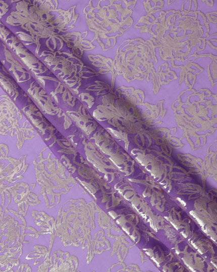 Lavender Gold Metallic Floral Design Premium Silk Chiffon Fabric, 110 Cms Width, Made in South Korea-D25966