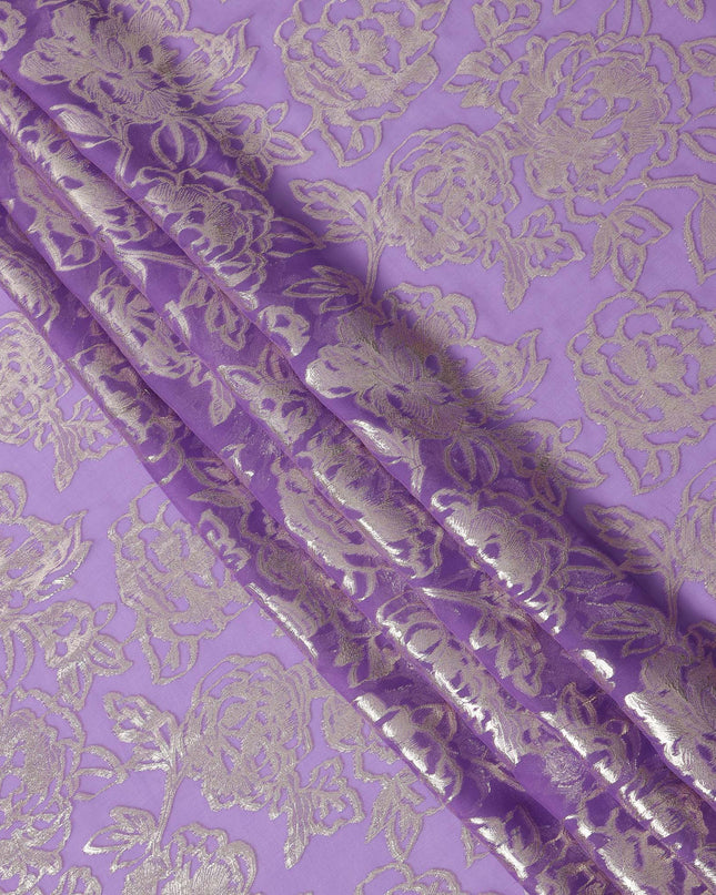 Lavender Gold Metallic Floral Design Premium Silk Chiffon Fabric, 110 Cms Width, Made in South Korea-D25966
