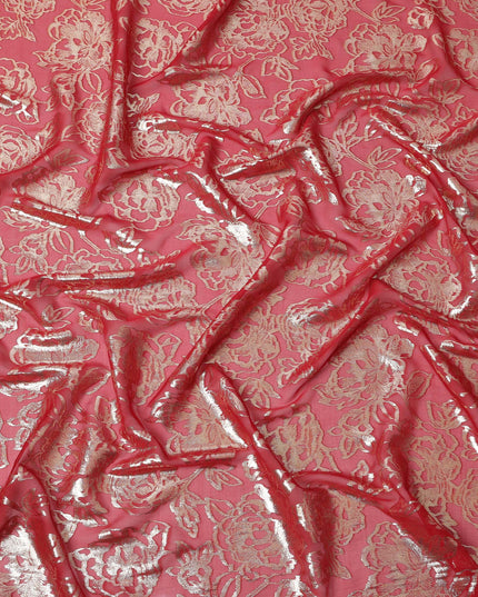 Coral Gold Metallic Floral Design Premium Silk Chiffon Fabric, 110 Cms Width, Made in South Korea-D25969