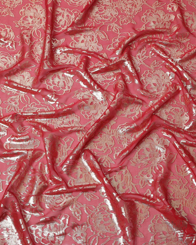 Coral Gold Metallic Floral Design Premium Silk Chiffon Fabric, 110 Cms Width, Made in South Korea-D25969