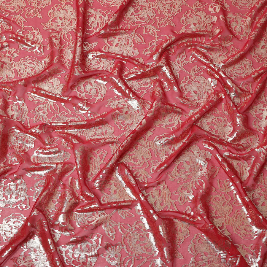 Coral Gold Metallic Floral Design Premium Silk Chiffon Fabric, 110 Cms Width, Made in South Korea-D25969