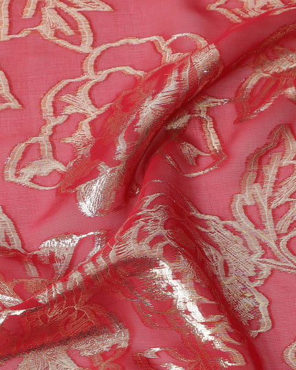 Coral Gold Metallic Floral Design Premium Silk Chiffon Fabric, 110 Cms Width, Made in South Korea-D25969