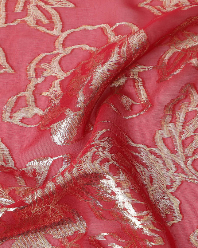Coral Gold Metallic Floral Design Premium Silk Chiffon Fabric, 110 Cms Width, Made in South Korea-D25969