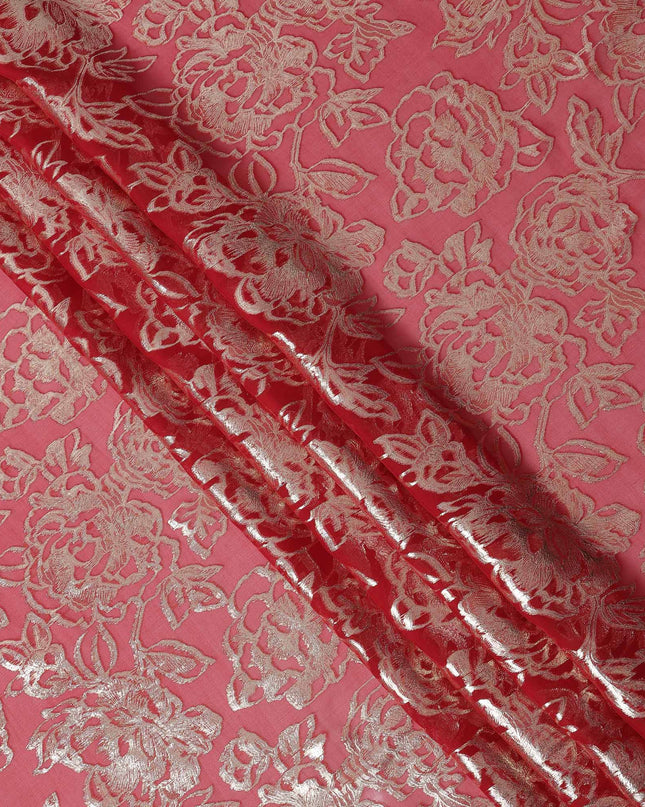 Coral Gold Metallic Floral Design Premium Silk Chiffon Fabric, 110 Cms Width, Made in South Korea-D25969