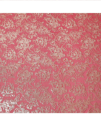 Coral Gold Metallic Floral Design Premium Silk Chiffon Fabric, 110 Cms Width, Made in South Korea-D25969