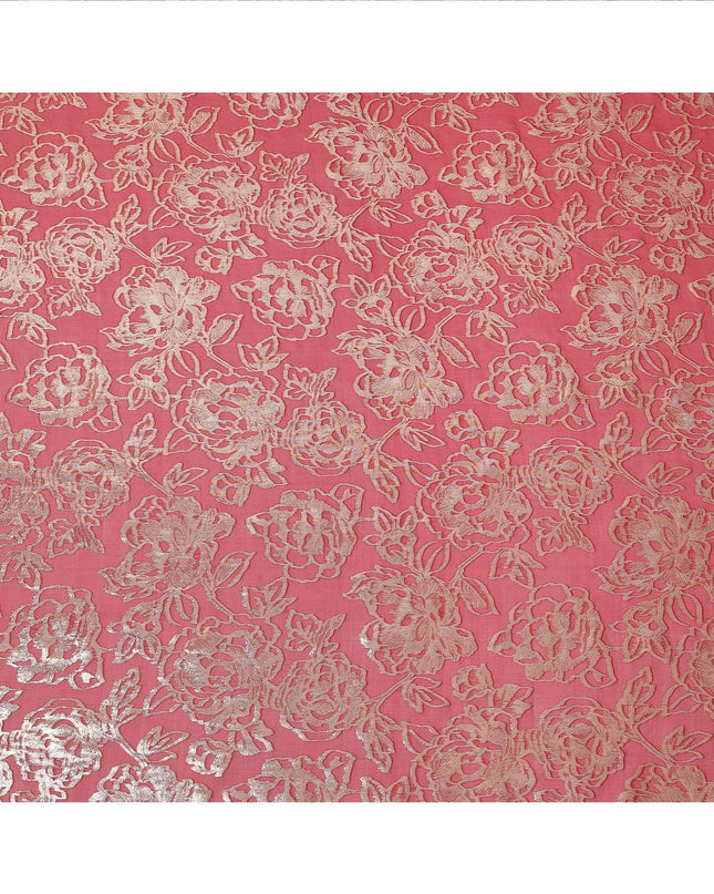 Coral Gold Metallic Floral Design Premium Silk Chiffon Fabric, 110 Cms Width, Made in South Korea-D25969