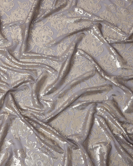 Greyish Gold Metallic Floral Design Premium Silk Chiffon Fabric, 110 Cms Width, Made in South Korea-D25965