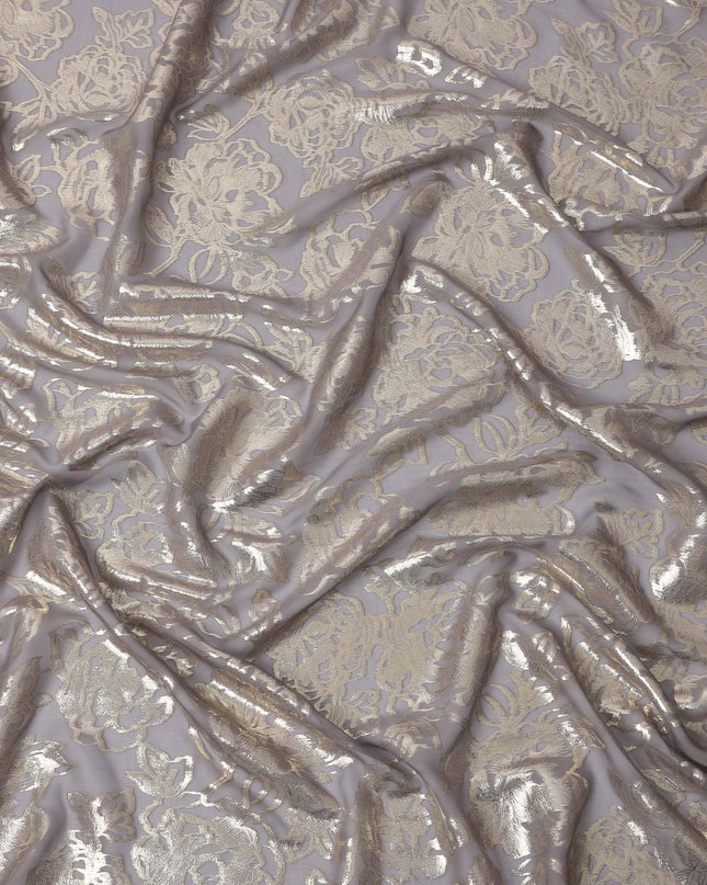 Greyish Gold Metallic Floral Design Premium Silk Chiffon Fabric, 110 Cms Width, Made in South Korea-D25965