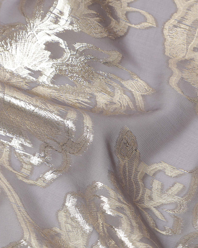 Greyish Gold Metallic Floral Design Premium Silk Chiffon Fabric, 110 Cms Width, Made in South Korea-D25965