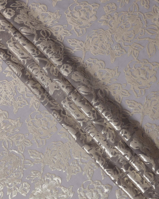 Greyish Gold Metallic Floral Design Premium Silk Chiffon Fabric, 110 Cms Width, Made in South Korea-D25965